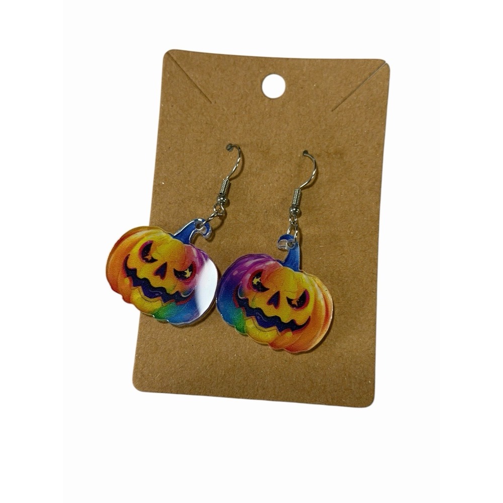 Rainbow Jack O Lantern Halloween Earrings Acrylic Pumpkin Drop Dangle Jewelry